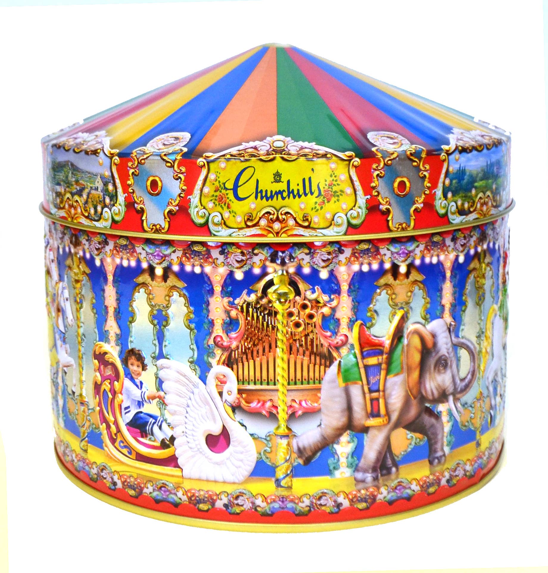 Churchill's Confectionery – wholesale Fudge – Musical Magical Carousel Gift Tin with Clotted Cream Fudge1