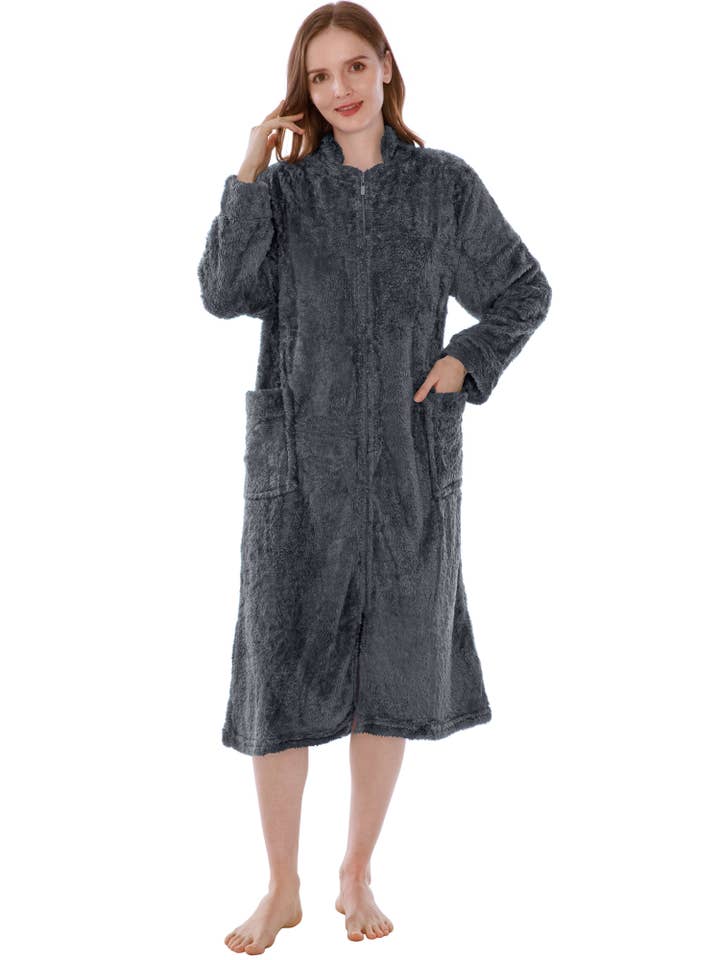 Pavilia - Wholesale Robe - Women's - Women's Sherpa Housecoat Zipper Robe4