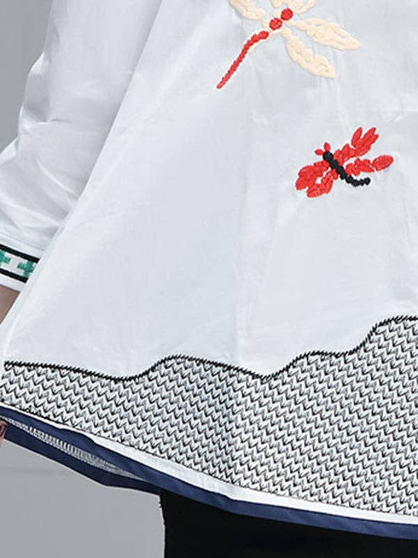 BIANCO Camicette e camicie larghe con colletto alla coreana con figura ricamata plus size in vendita all'ingrosso su Faire