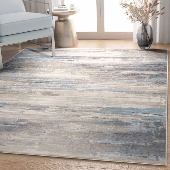 Tuscany Abstract Brushstroke Beige Blue Flatweave Rug for wholesale by Well Woven