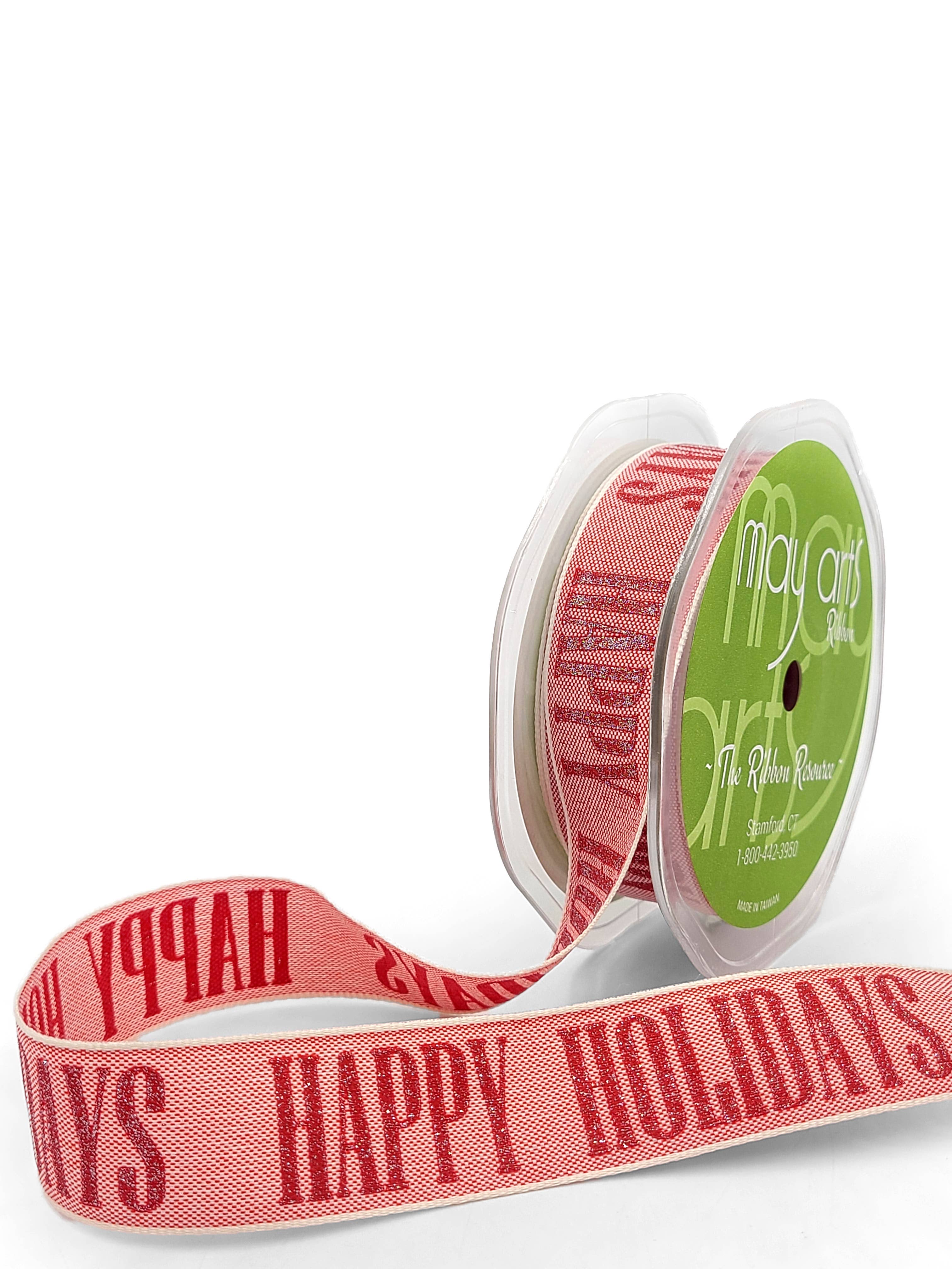 May Arts Ribbon - Wholesale Ribbon - Gift Wrapping - 1" Woven Sparkle "Happy Holiday" Sentiment Ribbon