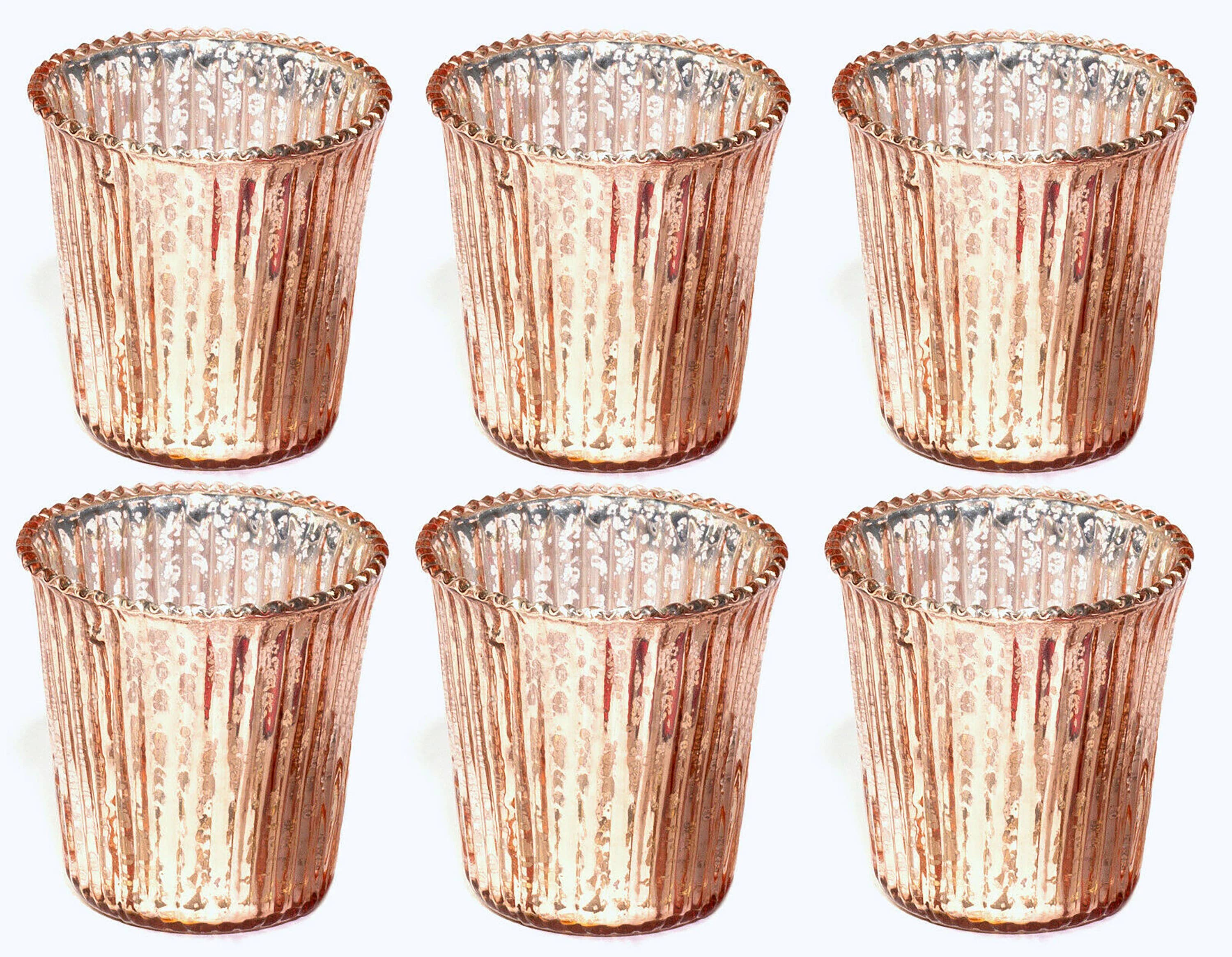 Rose Gold Mercury Glass Ribbed Candle Holders | Elegant Wedding Decor for wholesale on Faire