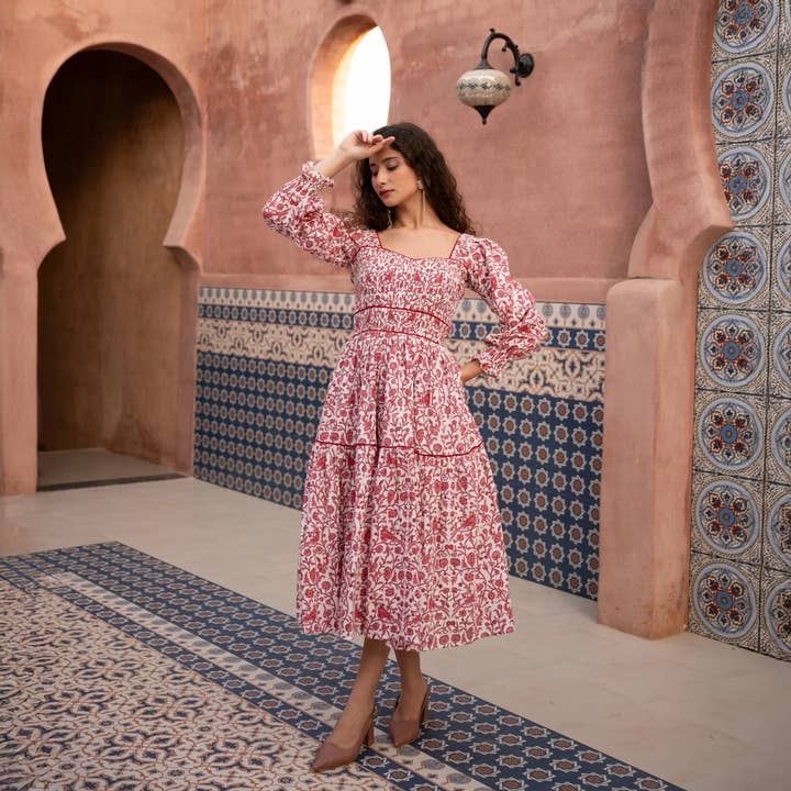 Abito Midi | Abito con Stampa a Mano | Bordeaux | Abito Ophelia per la vendita all'ingrosso da parte di Echo of Pink