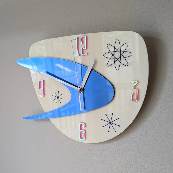 Shelfish Modern - Venta al por mayor Relojes de pared - Reloj retro de mediados de siglo 50, reloj atómico, reloj de cocina, decoración MCM, reloj moderno de mediados de siglo, moderno reloj de guardería, decoración de restaurante