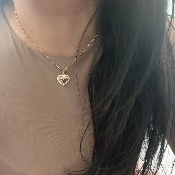 Amady Jewelry - Vendita all'ingrosso Collana con ciondolo/pendaglio - Collana con ciondolo a cuore piccolo pavé e catena di perline di vetro rosa.1