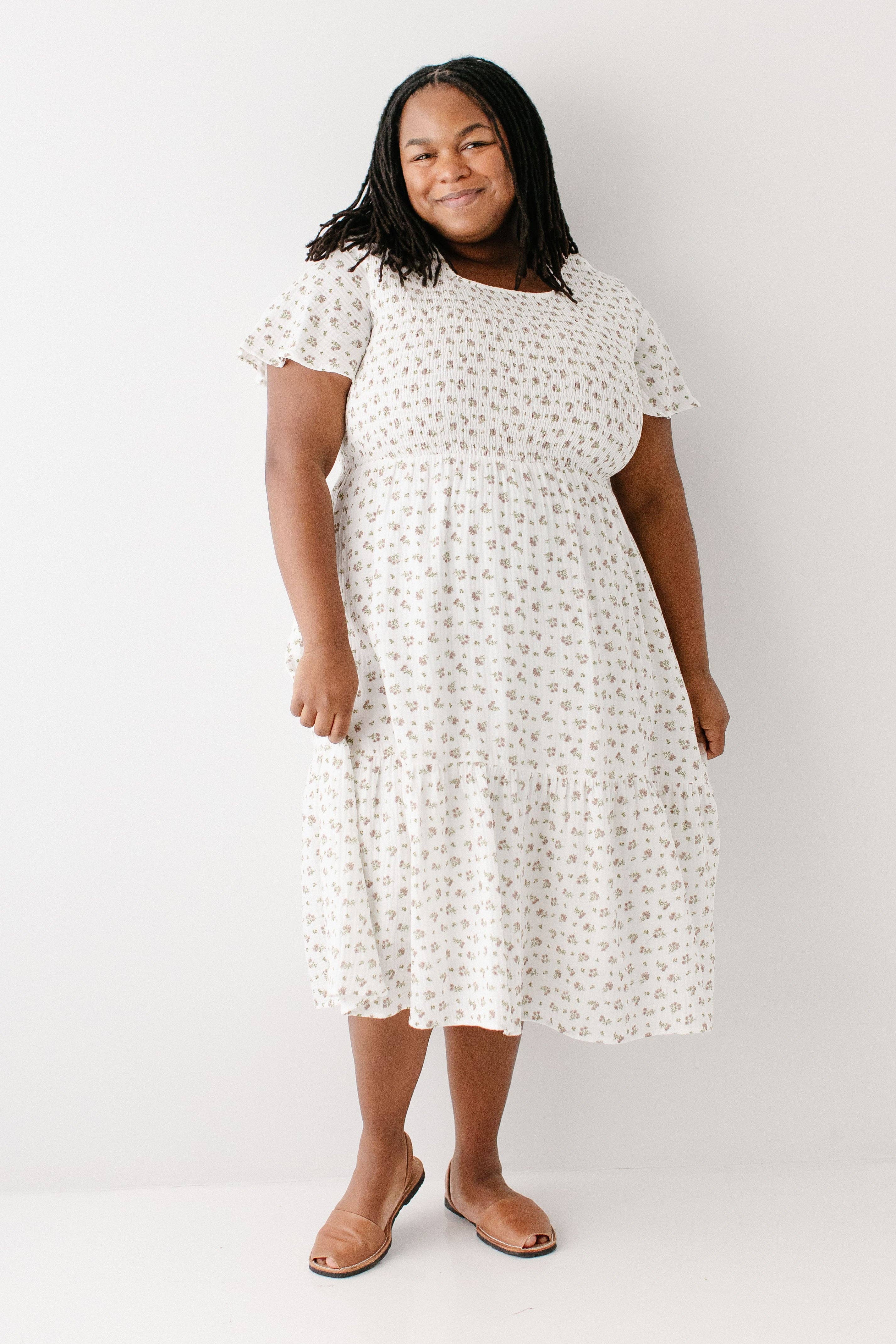 White 'Lynette' Smocked Bodice Floral Midi Dress for wholesale on Faire11