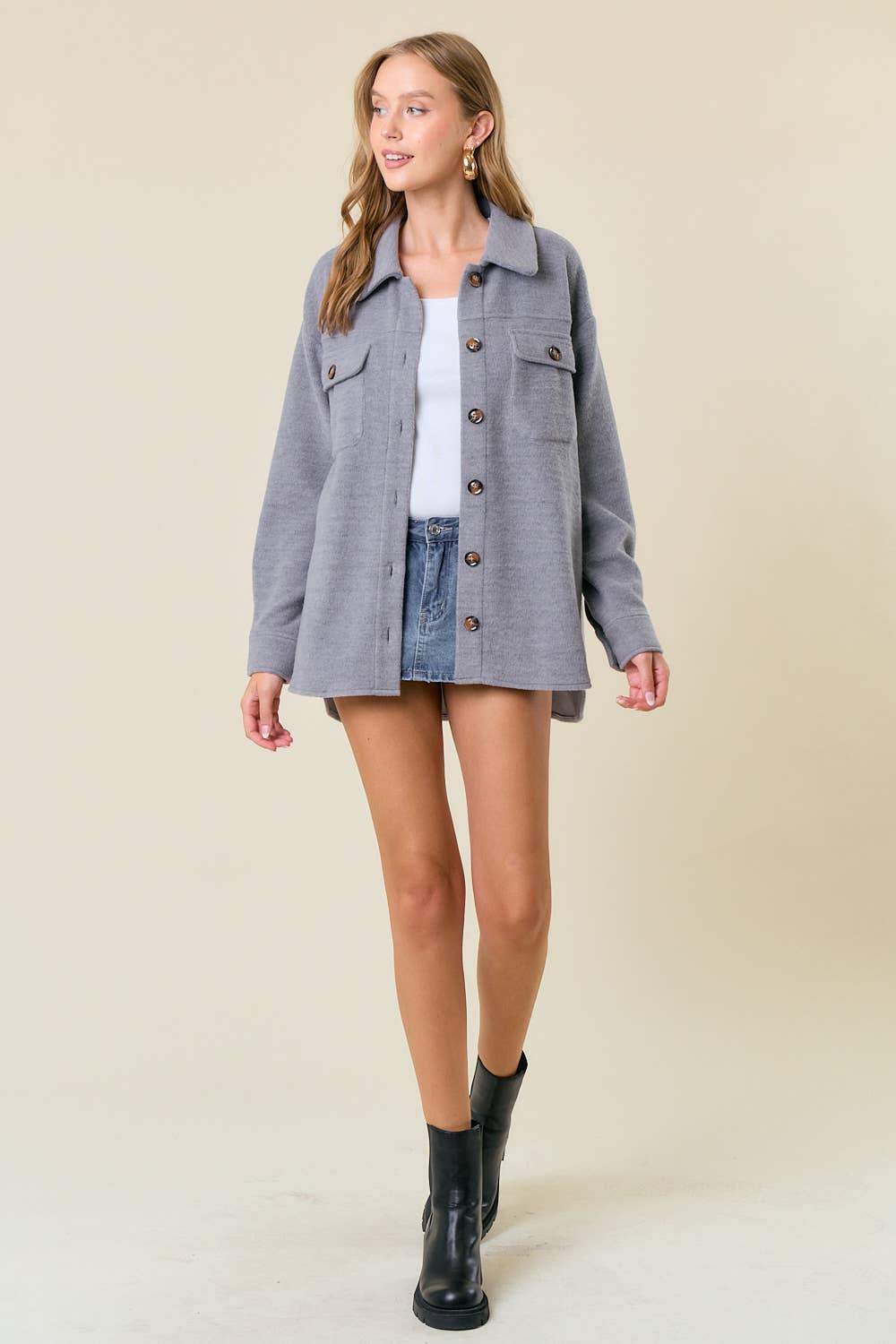 Doe and Rae - Wholesale Shirt Jacket/Shacket - Women's - Fleece Knit Button-Down Shacket W/ Patch Pocket - 10606J4