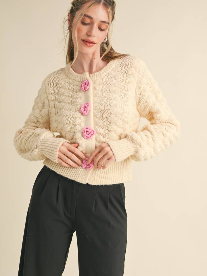 &MERCI - Wholesale Cardigan - Women's - TEXTURED SWEATER CARDIGAN WITH KNIT ROSETTE DETAIL MSW107351