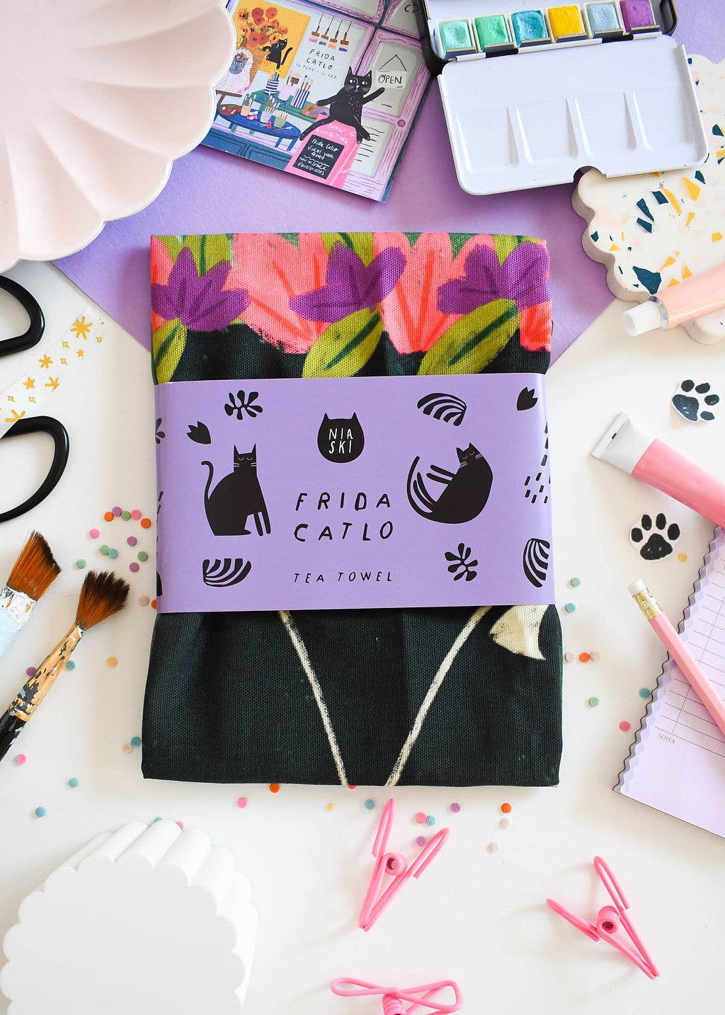 Niaski - Feline Fine Art (USA DUTIES PAID) - Wholesale Tea Towel - Frida Catlo Cat Tea Towel1