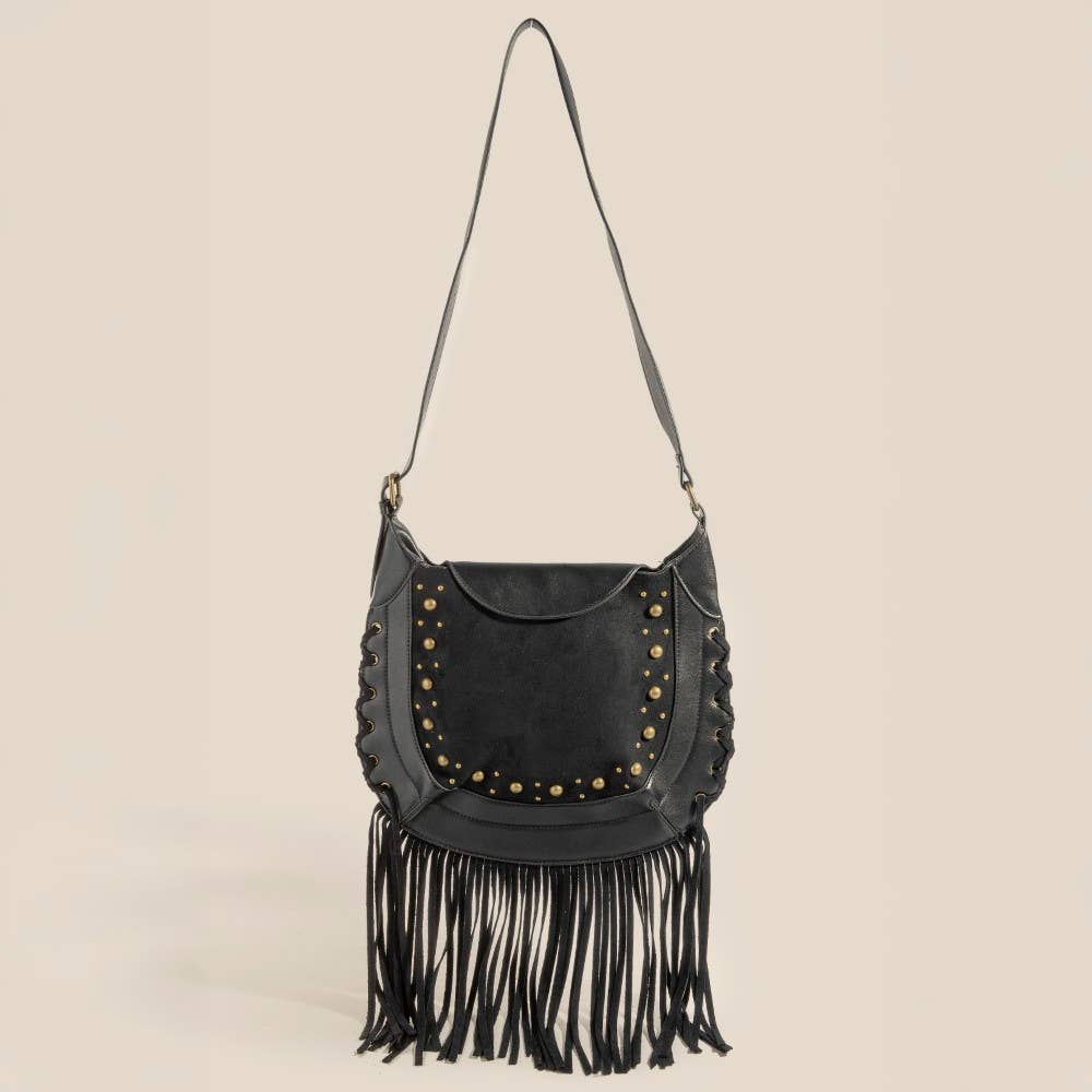 Anarchy Street - Wholesale Shoulder Bag - Women's - Rivet Trim Suede Fringe Shoulder Bag4