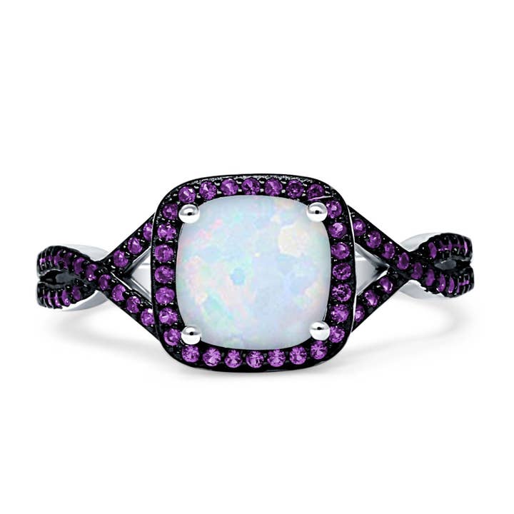 Halo-kudde oändlig twist sidosten ametist CZ mode ring labbskapad vit opal för wholesale av Blue Apple Imports