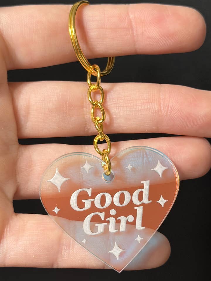 Good Girl Iridescent Acrylic Keychain for wholesale by ShlemonArt