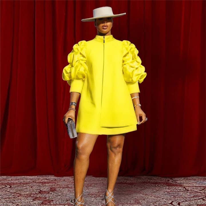 FurDecoration - Wholesale Dress - Women's - Solid Color Short Dress With Stand Collar And Pleated Sleeves