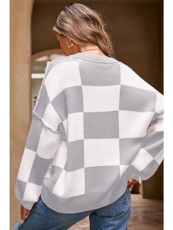 Little Daisy Closet - Wholesale Knit Sweater - Women's - LDC Checkered Bishop Sleeve Sweater