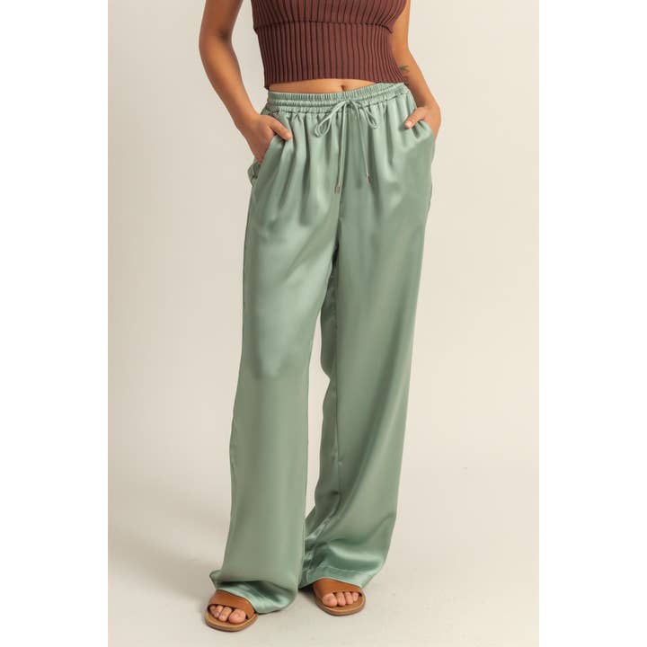 HYFVE - Wholesale Pants - Women's - DZ24F332-Drawstring Waist Wide Leg Satin Pants