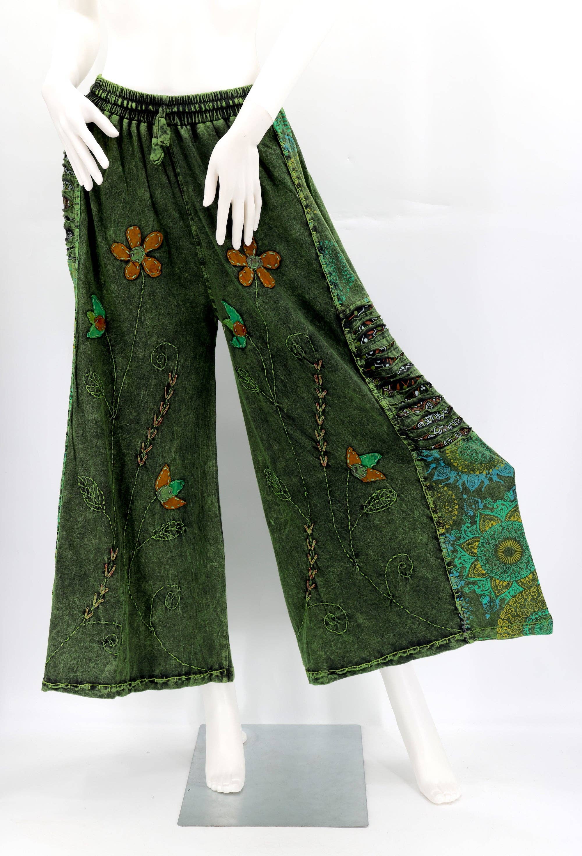 Himalaya Handmade - Wholesale Pants - Women's - Floral Embroidered Wide Leg Cotton Palazzo Pants2