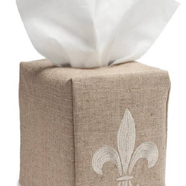 Jacaranda Living - Wholesale Tissue Box - Tissue Box Cover, Natural Linen, Embroidered