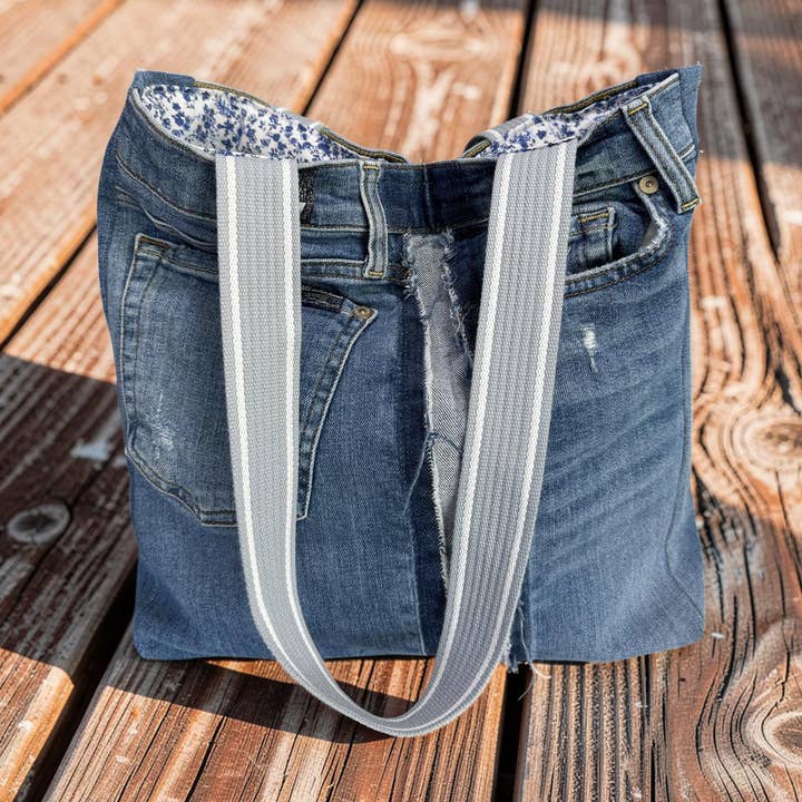 7 FAM Upcycled Premium Denim Tote Bag - blue ditsy for wholesale by Indigo Bags