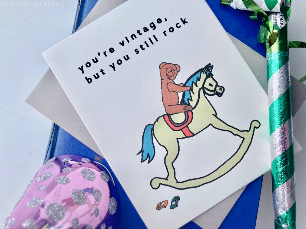HEI LO CARDS – wholesale Birthday card – "Vintage Rocker" Old Toys Birthday Card2