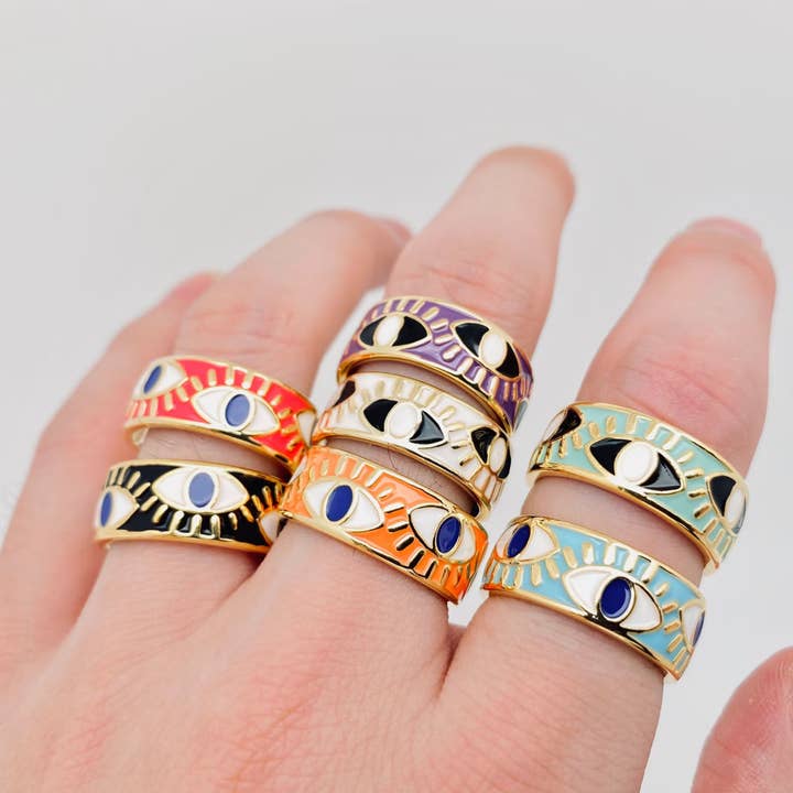 Mio Queena - Wholesale Cocktail/Statement Ring - Enamel Gold-Plated Evil Eye Ring