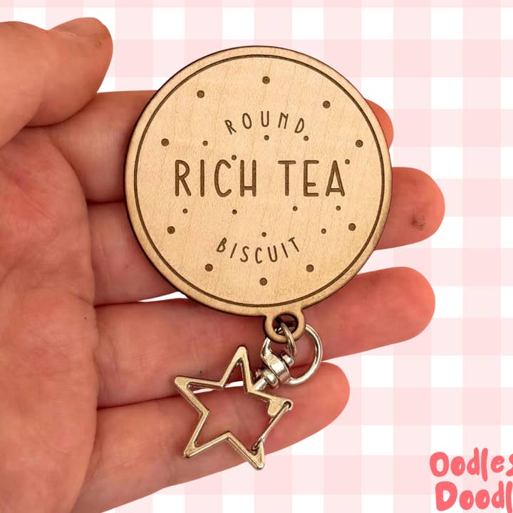 Wooden Rich Tea Biscuit Keyring with Star Clasp for wholesale by Oodles & Doodles