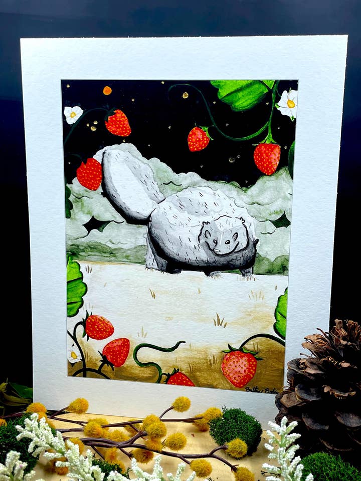 Skunk & Strawberries Watercolor Print for wholesale by Burning Branches Creatives