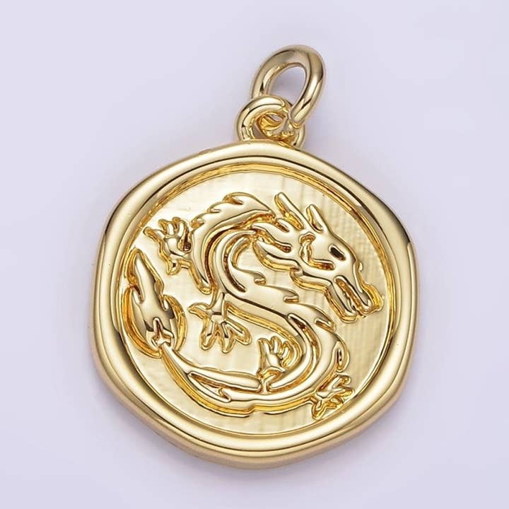 14K Gold Filled Dragon Zodiac Animal Stamped Round Charm | AG282 for wholesale by Aim Eternal
