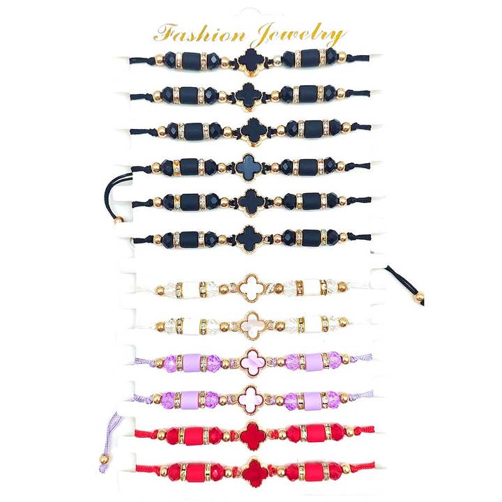 Diacly - Wholesale Woven/Braided Bracelet - 12pk Clover Adjustable String Knot Bracelet