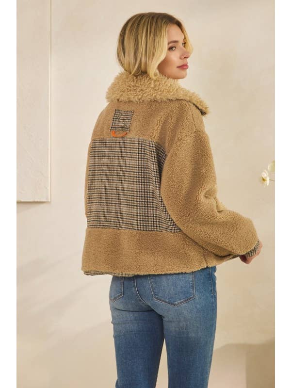 MOCHA Teddy Jacket With Houndstooth Inset for wholesale on Faire9