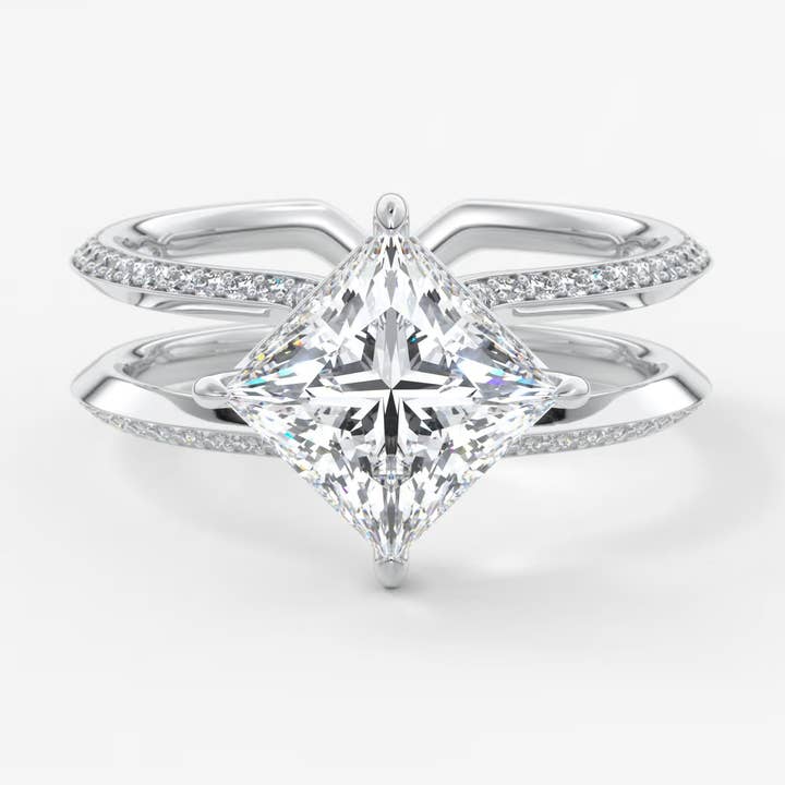 Parallel Split Shank Princess Cut Engagement Ring with Knife Edge Hidden Halo and Pavé for wholesale by Caratina