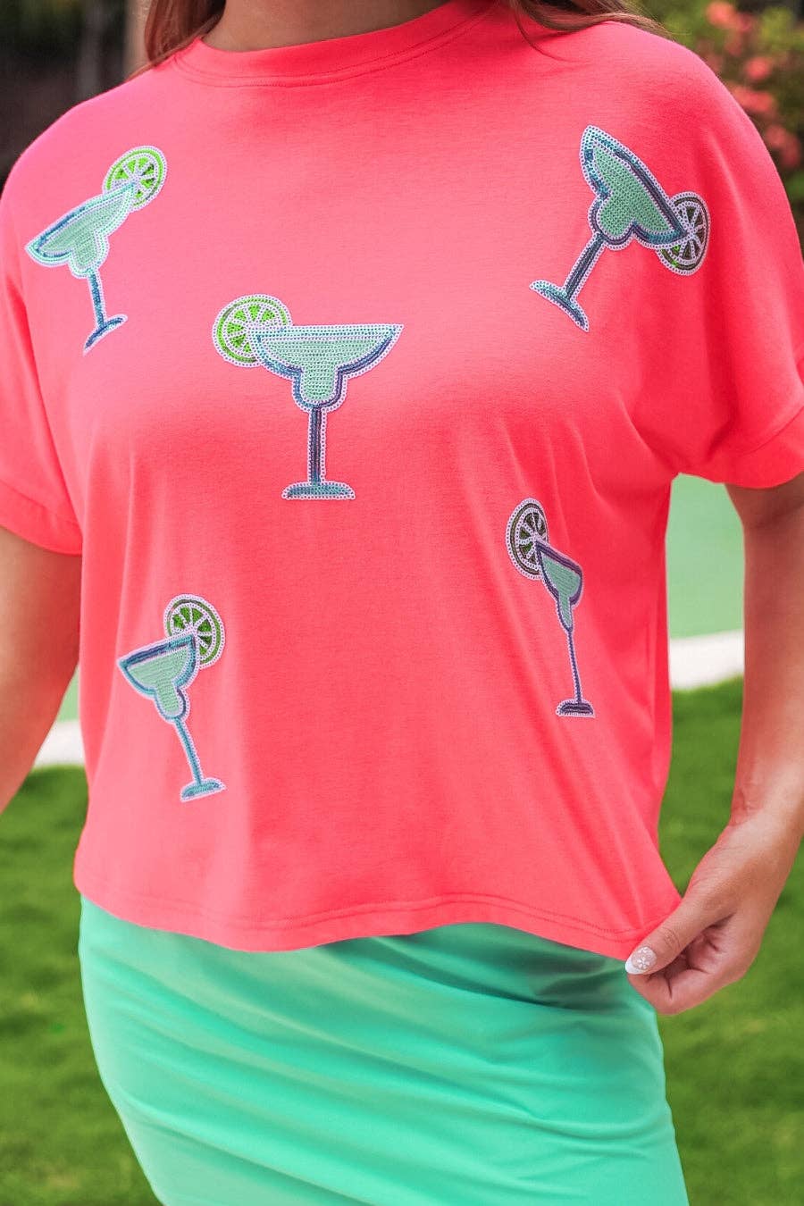 Coral Margaritaville Sequin Patch Top for wholesale on Faire1