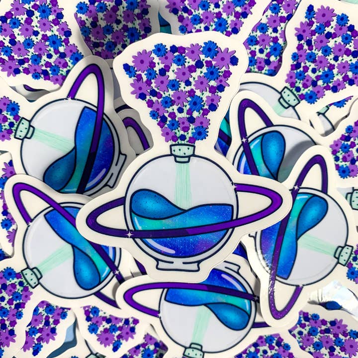 Space-Themed Vase of Flowers Clear Vinyl Sticker for wholesale by TallMade