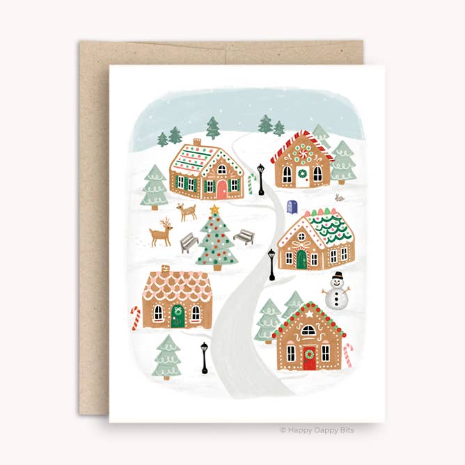Gingerbread Village Christmas Card, Illustrated Houses for wholesale by Happy Dappy Bits