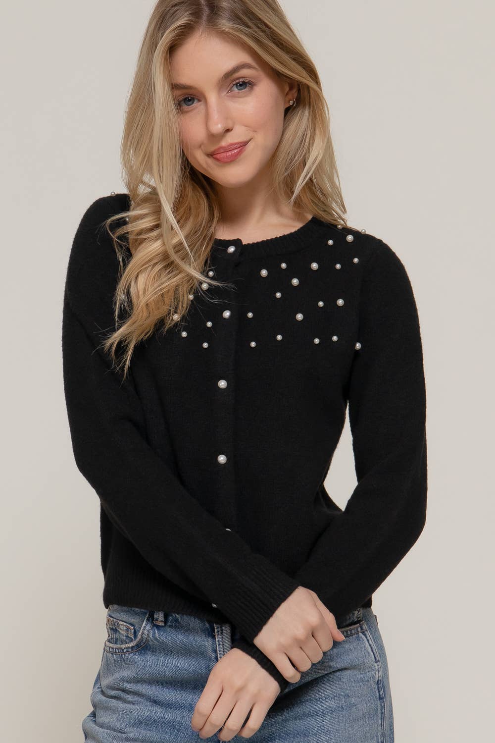 Active Basic | Active USA – wholesale Cardigan – Women’s – Long Sleeve Round Neck Pearl Embellished Sweater Cardigan4