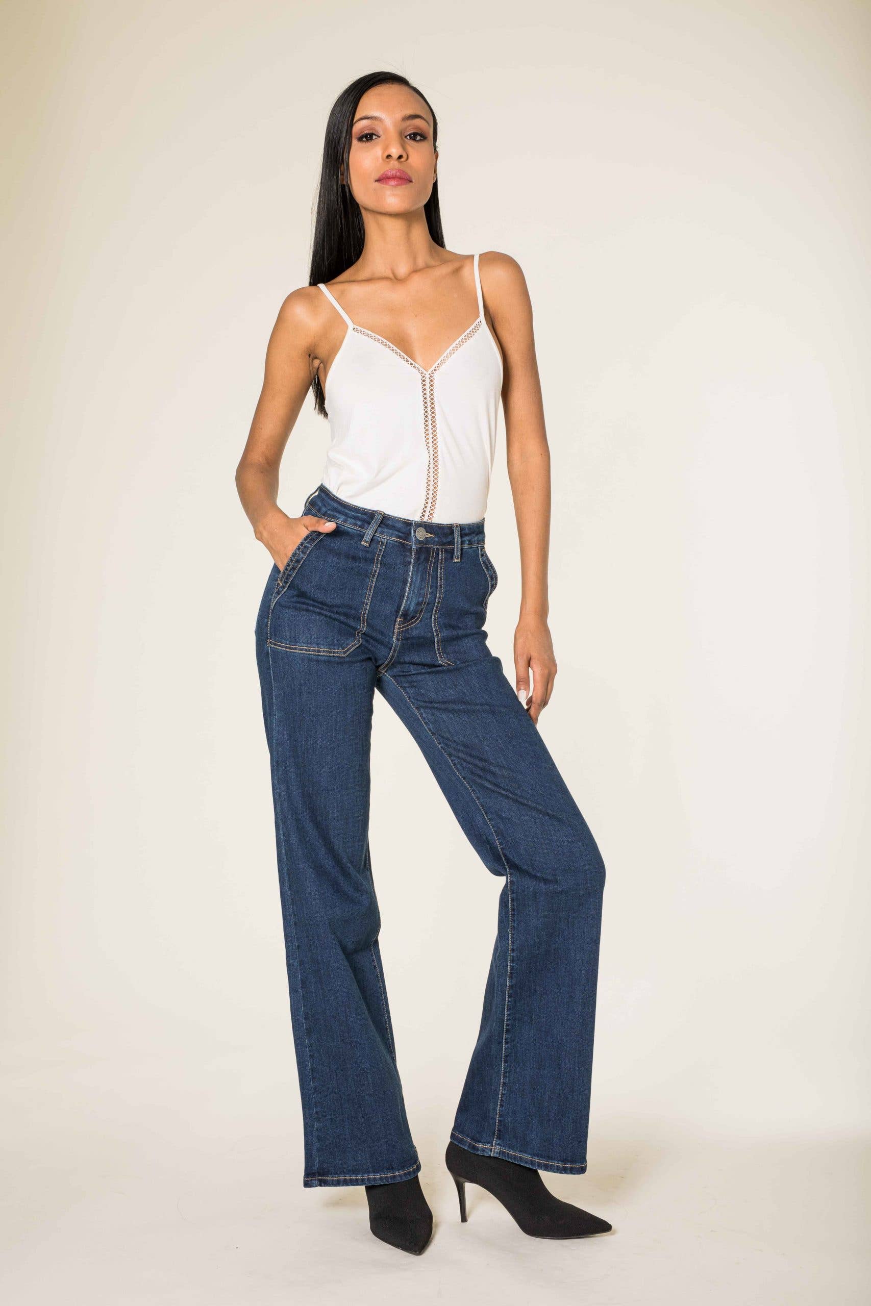 Nina Carter - Vendita all'ingrosso Jeans - Donna - Jeans svasati elasticizzati a vita alta larghi P1232