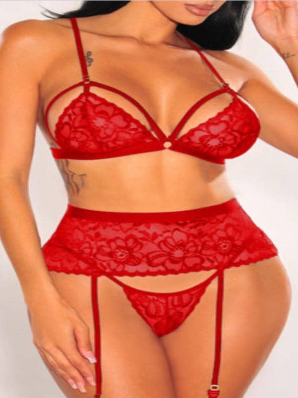 La Belle Fantastique Red Lace Strappy 3pcs Lingerie Set with for wholesale by La Belle Fantastique