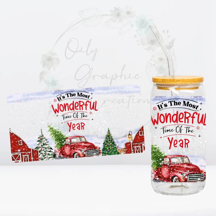 Most Wonderful Red Truck-16oz UV DTF Wrap for wholesale by Oily Graphic Creations