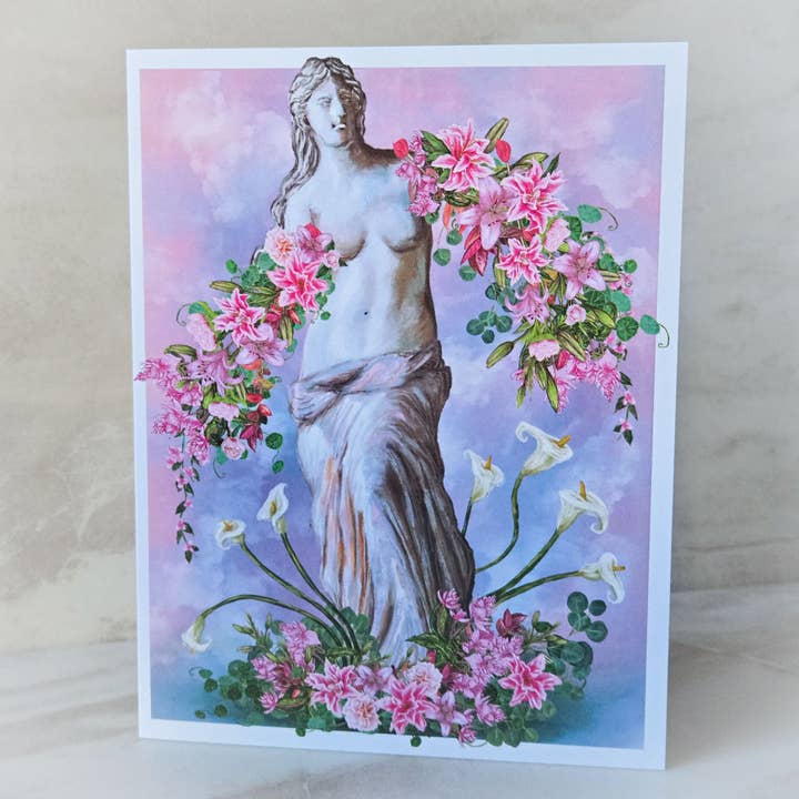 Aphrodite Statue with Pink Flowers Greeting Card for wholesale by Scribblebard Illustrations