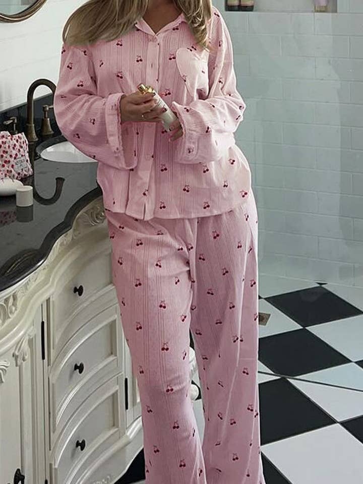 DE VAVE - Wholesale Sleepwear Set - Women's - Cherry Print Button-Front Pajama Set
