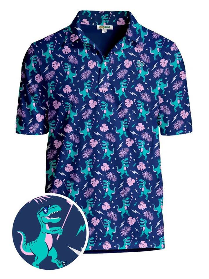 Polo de golf Tee Rex - Vêtements de golf amusants pour hommes avec dinosaure pour la vente par Tipsy Elves