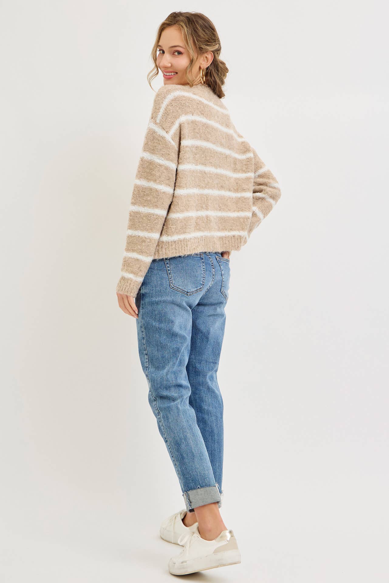 TAUPE COZY STRIPED BUTTON UP KNIT CARDIGAN for wholesale on Faire7