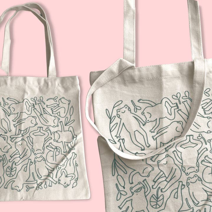 Frogs Tote Bag | Cute Frog Pattern Screen Print Cotton Bag for wholesale by BubblesArtCraft