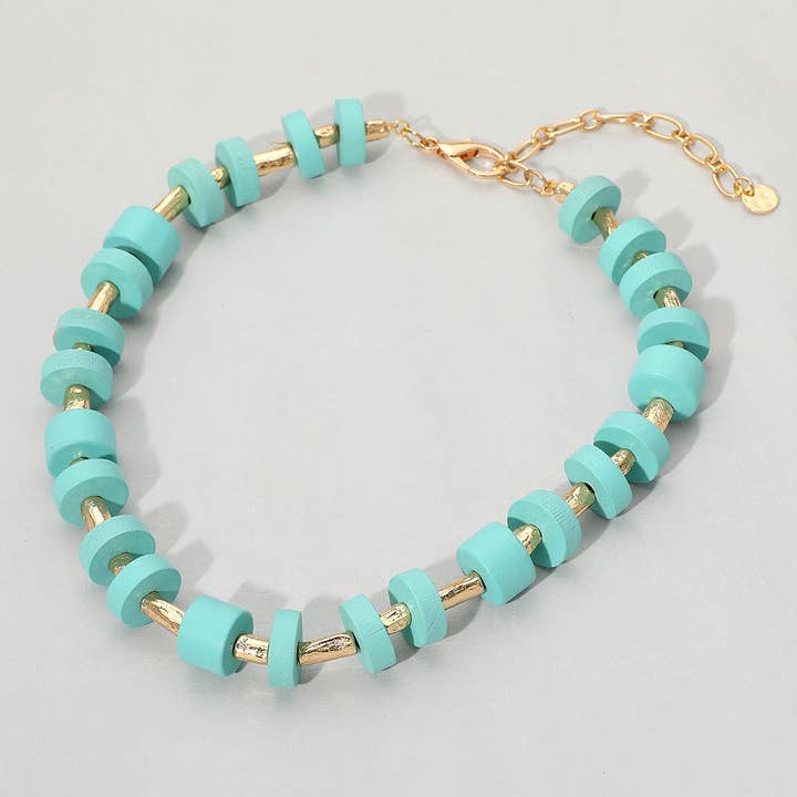 Wooden Stacked Disc Textured Metal Bar Beaded Statement Necklace for wholesale by Sensibling Corp.