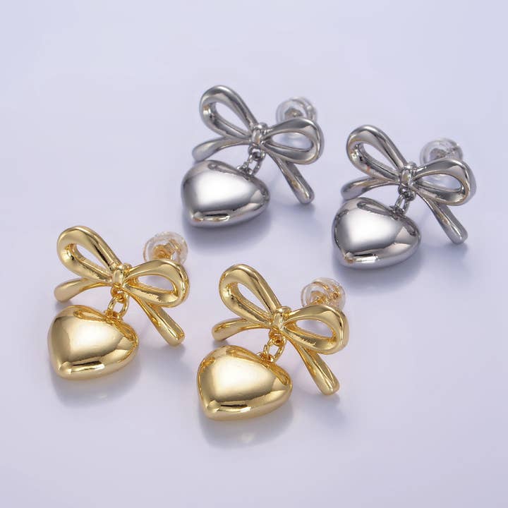 Aim Eternal - Wholesale Stud/Post Earrings - 24k Gold Filled Heart Drop Ribbon Stud Earrings | V069 V070