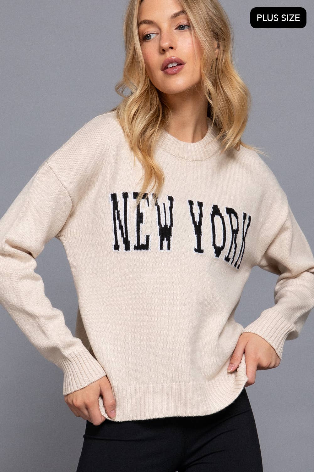Active Basic | Active USA - Wholesale Knit Sweater - Women's - Long Sleeve Crew Neck "NEW YORK" Lettering Sweater Top5