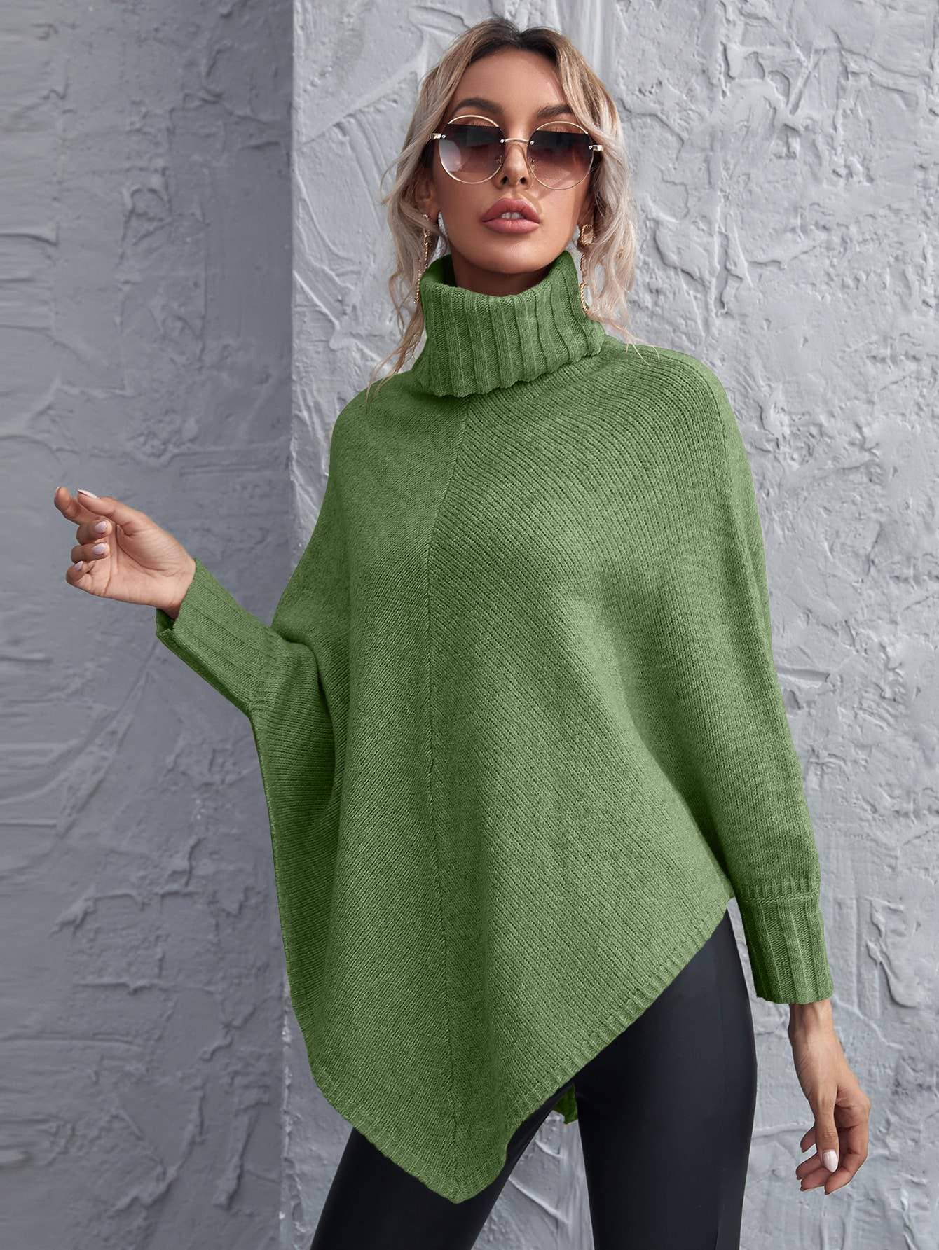 Queen Fashion - Wholesale Knit Sweater - Women's - turtleneck asymmetrical hem poncho sweater2