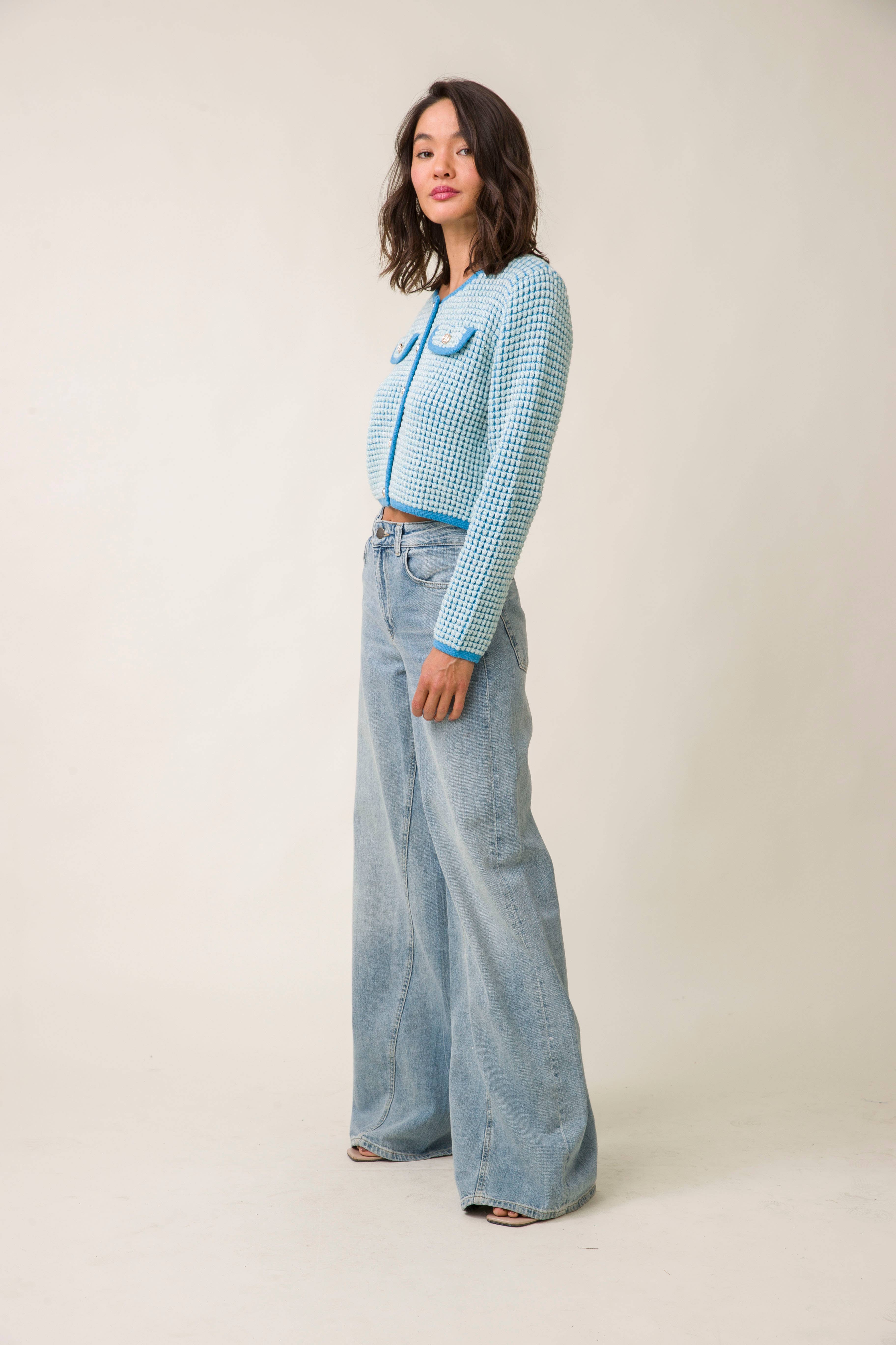 French Blue WARM YOUR HEART CARDIGAN for wholesale on Faire2