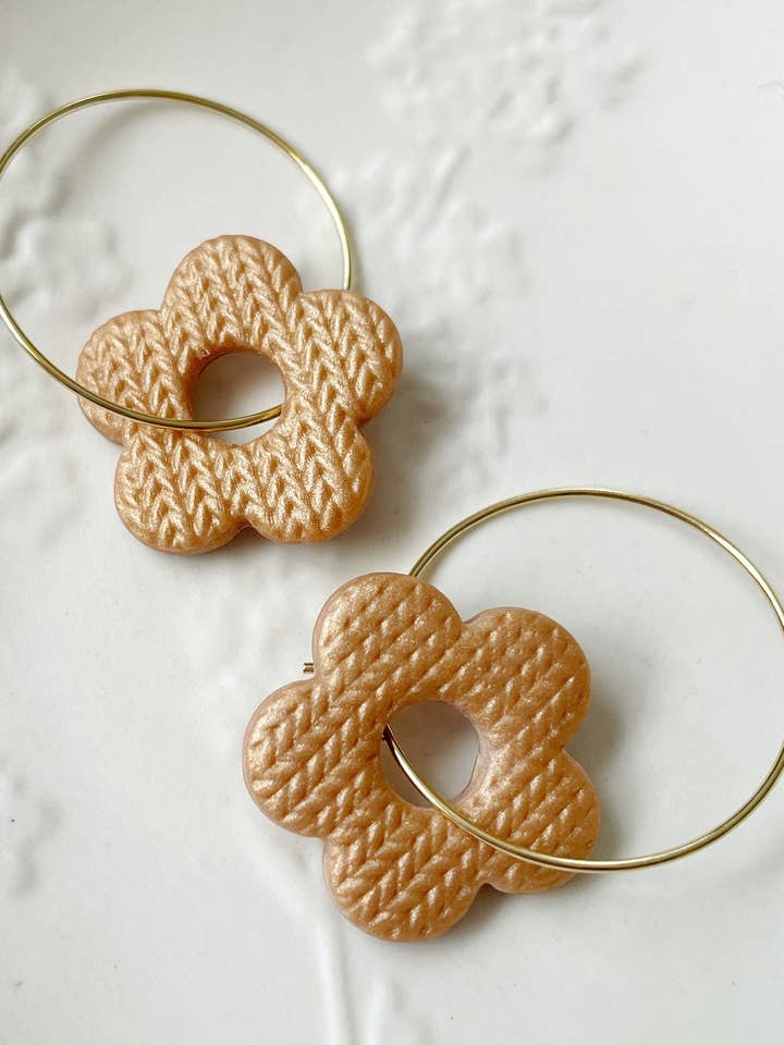 Golden Knit Flower Hoop Earrings for wholesale by Emily C Designs