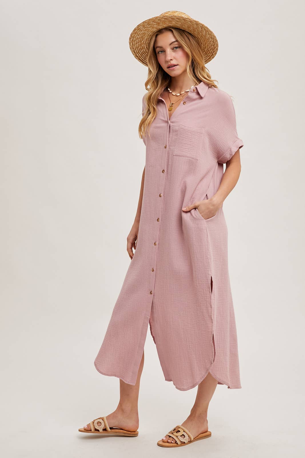 Bluivy - Wholesale Dress - Women's - BUTTON UP MAXI SHIRT DRESS WITH POCKET101