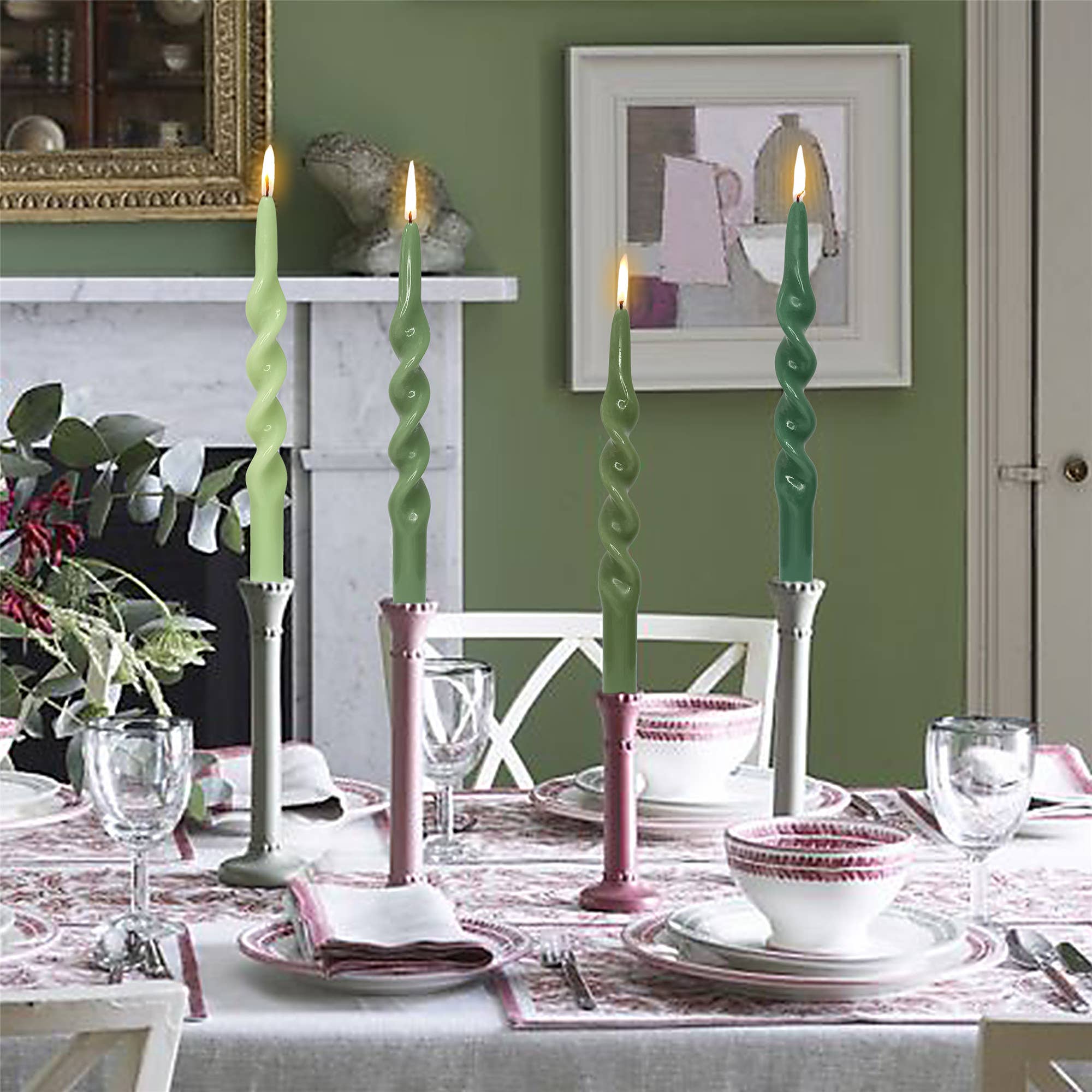 Candles Meta – Großhandel Konische Kerze/Kerzenhalter – Grünes Set mit 4 handgefertigten spiralförmigen Festtagskerzen mit Farbverlauf4